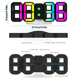 MLWSHR 9.3" Digital 3D LED Desk Alarm Clock with Wireless Remote Control, RGB Rainbow Colors, Adjustable Brightness, Snooze, Ambient Night Light, Loud Alarm Clock for Bedroom & Living Room (White)