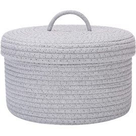 Sea Team Round Cotton Rope Storage Basket with Lid, Lidded Woven Storage Bin, Nursery Storage Container, Diaper Caddy, Baby Shower Basket, Box, Organizer, 11.8 x 11.8 x 6.7 Inches (Medium, Grey)