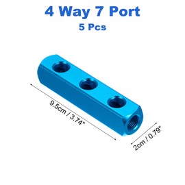PATIKIL Air Manifold, 5 Pcs 3 Way 6 Port PT 1/4" Aluminum Air Hose Inline Manifold Block Splitter Pneumatic Air Compressor Distribution Fitting, Blue
