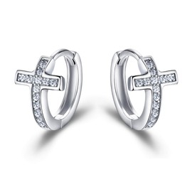BriLove Cross Earrings Stud Jewelry Small Elegant Hoop for Women Jewellery Brass Cubic Zirconia Religious Tiny Huggie Hoops Clear