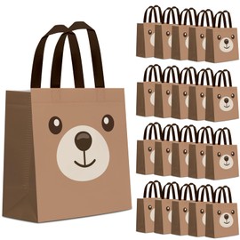 KERINGO 24 PCS Bear Treat Bags Party Supplies Bear Party Favor Goody Gift Bags with Handles Non Woven For Kids Boy Girl Brown Bear Theme Birthday Baby Shower Decorations