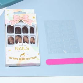 Allereya Square Press on Nails Medium Artificial Nails Brown Amber French Ballerina Nails Clip On Nails Full Cover Acrylic Nails Prom Nails Tips for Women and Girls Pack of 24