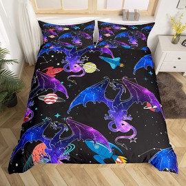 Galaxy Dragon Bedding Set Outer Space Starry Sky Duvet Cover Set for Kids Boys Girls Jungle Animals Dragon Comforter Cover Colorful Decor Quilt Cover Bedroom Collection 3Pcs Full Size