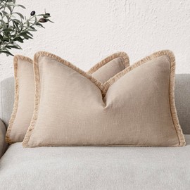 Foindtower Set of 2 Decorative Linen Fringe Throw Pillow Covers Boho Farmhouse Cushion Cover with Tassels Accent Pillowcase for Couch Chair Sofa Bed Living Room Home Bedroom Decor,12×24 Inch,Tan Beige