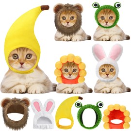 Weewooday Weewooday 5 Pcs Cat Adorable Costume Bunny Hat with Ears Funny Mane Cat Hat for Pets and Small Dogs Kitten Puppy Party Costume Accessory Headwear(Lion, Frog, Rabbit, Sunflower, Banana)
