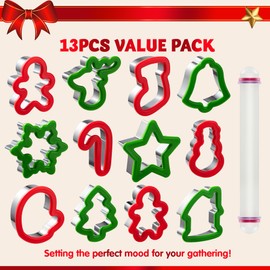 JOYIN 13 PCS Christmas Cookie Cutters in Stainless Steel with 3.5í plus Grip and a Rolling Pin for Xmas Holiday Party Baking Supplies, Snowflake, Gingerbread Cookies Mold and Baking Gift