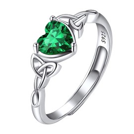 May Birthstone Ring Sterling Silver, Adjustable Celtic Knot Heart Ring, Pretty Rings Birthstone Jewelry, Crystal Emerald Engagement Rings for Women Girls
