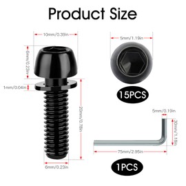 Pack of 15 Bicycle Stem Screws, M6 x 20 mm Bicycle Taper Screws, Bicycle Stem Bolts with Seal and Hex Wrench, Bicycle Stem Screw for Mountain Bike and Road Bike Stem (Black)