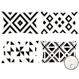 USNEWHOMI Pack of 4 Waterproof Outdoor Indoor Throw Pillow Covers Black White Boho Pillowcases Modern Farmhouse Cushion Covers for Couch Sofa Patio Home Decor, 12X20 Inch, Double Sided