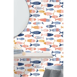 HAOKHOME Bathroom Wallpaper Peel and Stick Wall Paper Fish Undersea Blue/Pink/Yellow Removable Contact Paper for Home Kitchen Decorations 17.3in x 9.8ft