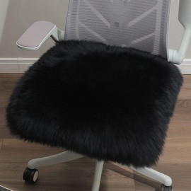 LLB Sheepskin Chair Cushion Non-Slip Back Square Genuine Fur Chair Cover Silky Natural Wool Seat Cushion Pad Soft Area Rugs Carpet for Home Office Restaurant Chair 18x18 Inch (Pack of 1), Black