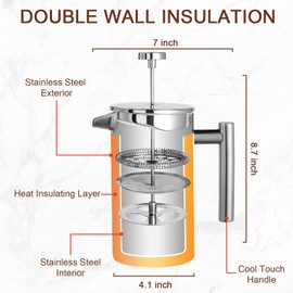 GreatChef Stainless Steel French Press Coffee Maker, 1 Littre / 1.05 Quart / 8 Cup / 34 Oz, Double Wall Cafetiere Serving Tool, Perfect for Home, Office, Travel & Camping