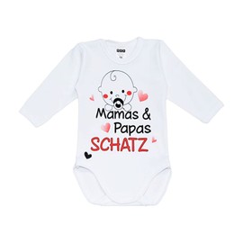 MEA BABY Unisex Baby Long-Sleeved Bodysuit with Saying Mamas & Papas Schatz, 100% Cotton, Baby Bodysuit White for Girls, Baby Bodysuit White for Boys, White