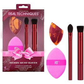 Real Techniques Merry Must-Haves - Juego de 4 brochas y esponjas para base, mejillas y polvo, relleno de medias, regalo para ella, última intervensión de crueldad y vegano