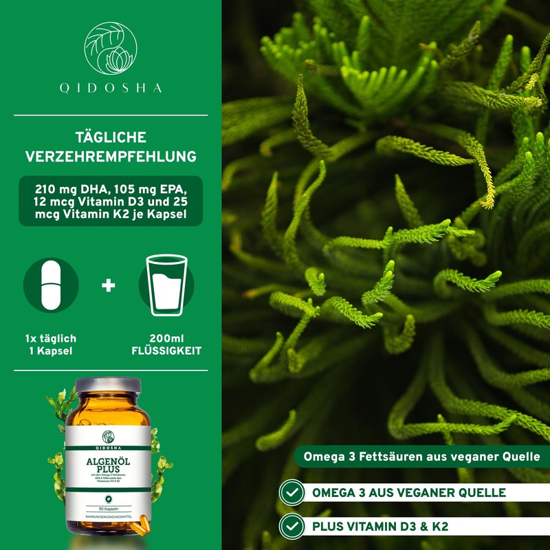 QIDOSHA Omega 3 Algae Oil Capsules Plus Vitamin D3 and