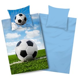 Aminata kids - Football Bed Linen 135 x 200 cm Boys - Football Fan Motif Polycotton - with Zip - Reversible Teenage Children's Bedding Set Blue