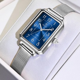 Taxau Womens Watches Dress Blue Face Ladies Watch for Small Wrists Square Watch Mesh Band Waterproof Watches for Women with Date Analog Quartz Reloj para Mujer
