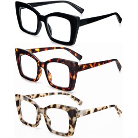 REAVEE 3 Pack Oversized Square Reading Glasses Oprah Style for Women, Blue Light Blocking Large Frame Computer Designer Fashion Readers with Spring Hinge (Black/Tortoise/Grey Tortoise,2.75)