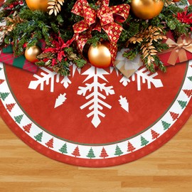 MACTING Christmas Tree Skirt, 36 Inch Round Red Polyester Christmas Tree Skirts with Big Snowflake and Christmas Tree Printed for Holiday Party Rustic Xmas Tree Decoration
