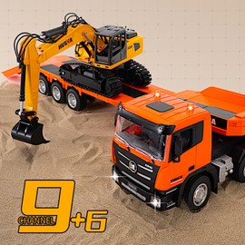 POCO DIVO 2-Set Alloy RC Truck Crawler Excavator 1/24, 9CH Semi-Trailer, 6CH Track Construction Engine Vehicle, Sound Lights Metal Visor Toy, 2.4G Radio Control Tractor Play, Kid Boy Gift Adult Hobby