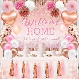 Rose Gold Welcome Home Decorations Kit with "We Missed You So Much" Sign, Foil Curtains Pink & Rose Gold Balloons Backdrop PomPoms Tassel Garland for House Party Office Family Reunion Homecoming