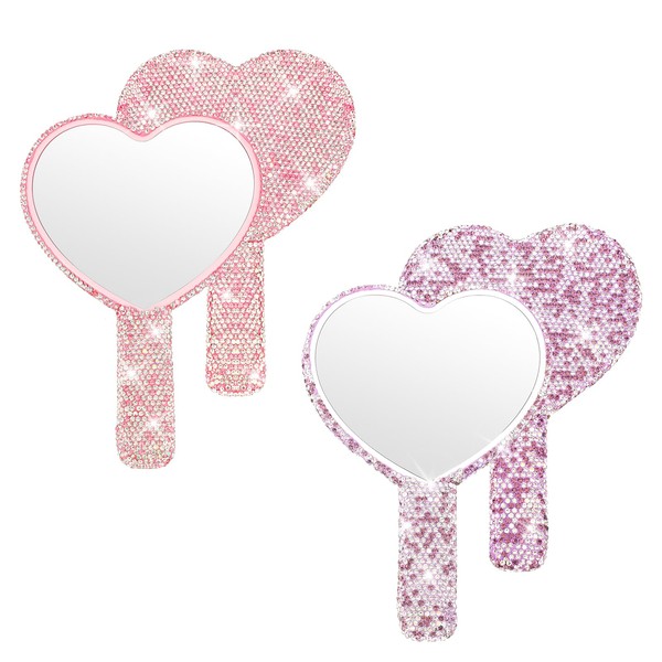 Tatuo 2 Pcs Rhinestone Handheld Mirror Pink Mirror Adorable Bling Glitter Cosmetic Heart Dazzling Mirror Portable Hand Mirrors with Handle for Women Girls (Pink and Purple)