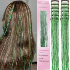 Hair Tinsel 12 Pcs Clip in Hair Tinsel Kit for Girls 22 Inch Glitter Fairy,St Patricks Day Tinsel Hair Extensions Colorful Heat Resistant Party Festival Hair Accessories for Women Kids (green)
