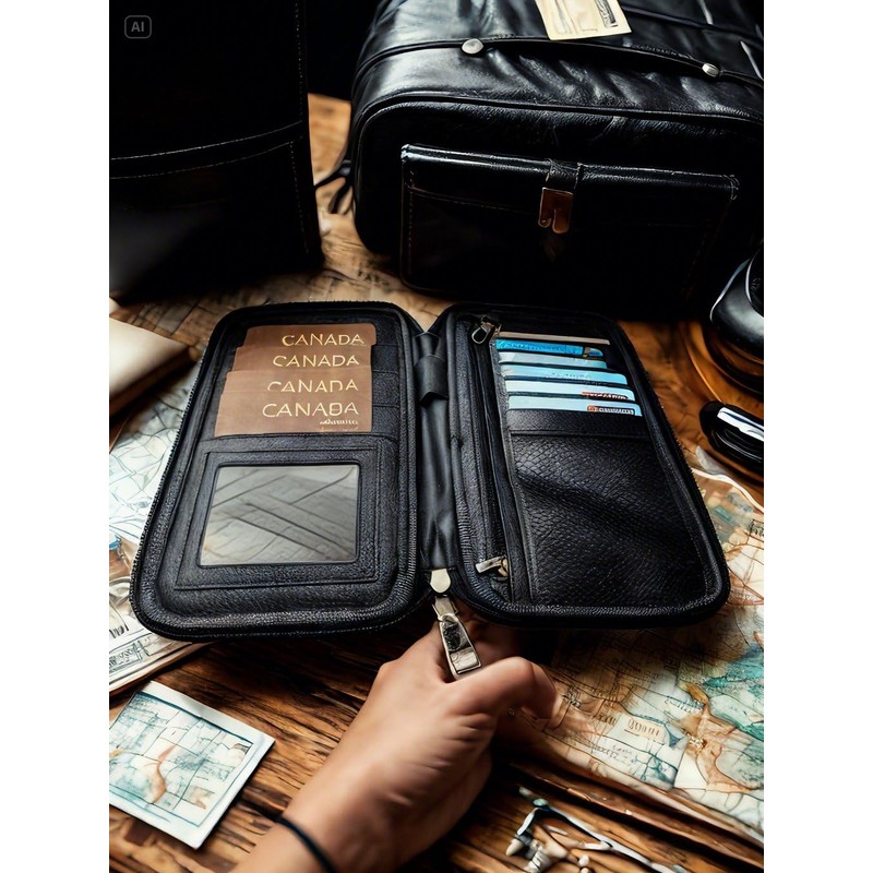 Premium Leather Travel Passport Wallet, Multi-Card Document Organizer with Canadian