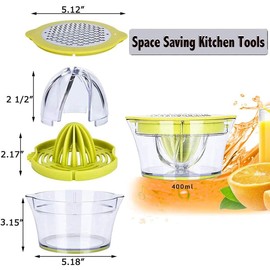 4 in 1 PIONEERS Multi-Function Manual Juicer, Citrus Lemon Orange Hand Squeezer Egg Separator with 2 Anti-Slip Reamers, Strainer, Grater and Measuring Cup (13OZ)