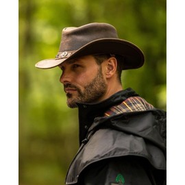 WALKER AND HAWKES - Brown Premium Cowhide Leather Cowboy Hat with String Outback Antique Hat Outdoor Sun Protect Unisex - Light Brown - XX-Large (61cm)