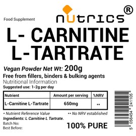 Nutrics® 200g L CARNITINE L Tartrate Powder - Highly Bioavailable 100% Pure No Fillers, Binders or Bulking Agents - Vegan Vegetarian 200g