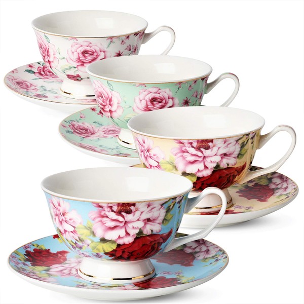 BTäT- Floral Tea Cups and Saucers, Set of 4 (7oz) with Gold Trim and Gift Box, Cappuccino Cups, Latte Cups, Tea Set for Adults, Porcelain Tea Cups, Tea Cups for Tea Party, Rose Teacups, China Tea Cups