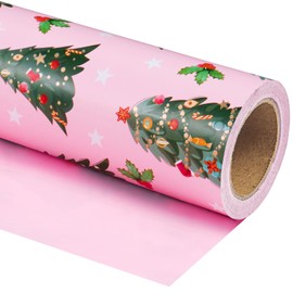WRAPAHOLIC Reversible Christmas Wrapping Paper - Mini Roll - 17 Inch x 33 Feet - Pink Christmas Tree and Solid Pink Design for Chrsitmas, Holiday, Party Celebration