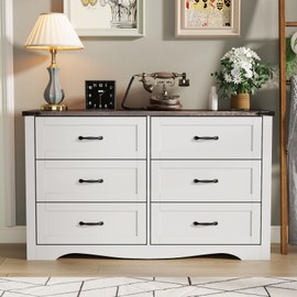 Gyfimoie Farmhouse Dresser for Bedroom, Chest of Drawers with Natural Texture, Accent Storage Cabinet for Closet,Living Room (White, 15.7" D x 46.4" W x 30.8" H(6 Drawers))