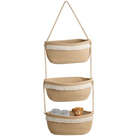 Over The Door Organizer Hanging Basket for Nursery Decor Stuffed Animal Storage Baskets Boho Wall Decor Basket for Bathroom Bedroom Playroom - Beige