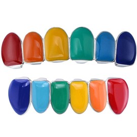 Solid 925 Sterling Silver Grillz - Top Or Bottom Grills For Teeth - Rainbow Colored Multicolor Enamel Finish - Hip Hop Celebrity Look (Bottom Grillz)
