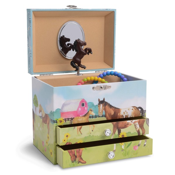 Jewelkeeper Musical Jewelry Box with 2 Pullout Drawers, Horse and Barn Design, Home on The Range Tune