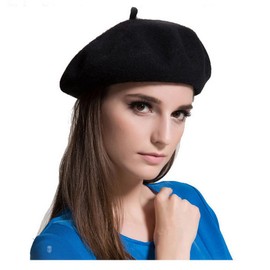 MAYMII Wool Black French Beret Hat - Solid Color Cap for Women Girls