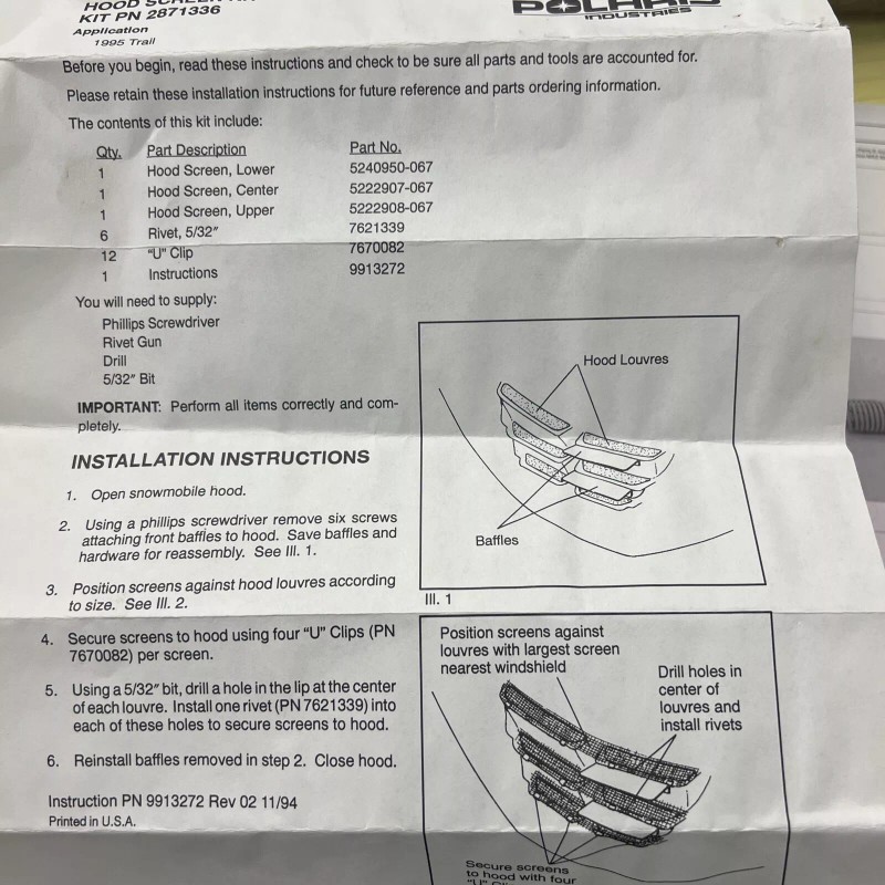 Polaris 95 Trail Snowmobile New OEM Hood Screen Vent Kit