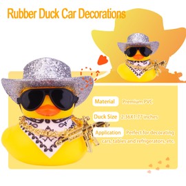 CoFuBcad Car Rubber Duck, Yellow Duck Dashboard Decoration with Cowboy Hat Necklace Sunglasses Cool Prop for Car Dashboard Decorations (Silver), CF018I