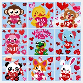 DULEFUN 9 Sheets Valentines Window Cling, Double-Sided Valentine's Day Animals Window Stickers Red Pink Love Heart Window Decals for Home School Birthday Wedding Glass Window Decor Party Favors