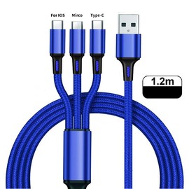 Multi Charging Cable, 4ft Multi Phone Charger Cable Nylon Braided Universal 3 in 1 Charging Cord Extra Long Multiple USB Cable with USB C, Micro USB Port Connectors for Cell Phones and More - Colour: Blue