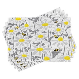 Ambesonne Grey Place Mats Set of 8, Daisy Flowers Bees in Spring Time Honey Petals Floret Nature Purity Blooming, Washable Fabric Placemats for Dining Table, Placemat 8 pcs, Yellow White