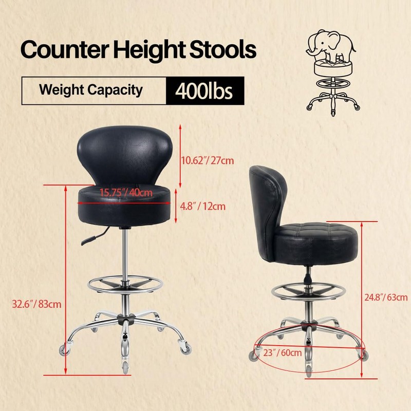 Grace&Grace Drafting Chair Big Cushion Rolling Shop Stool with Back