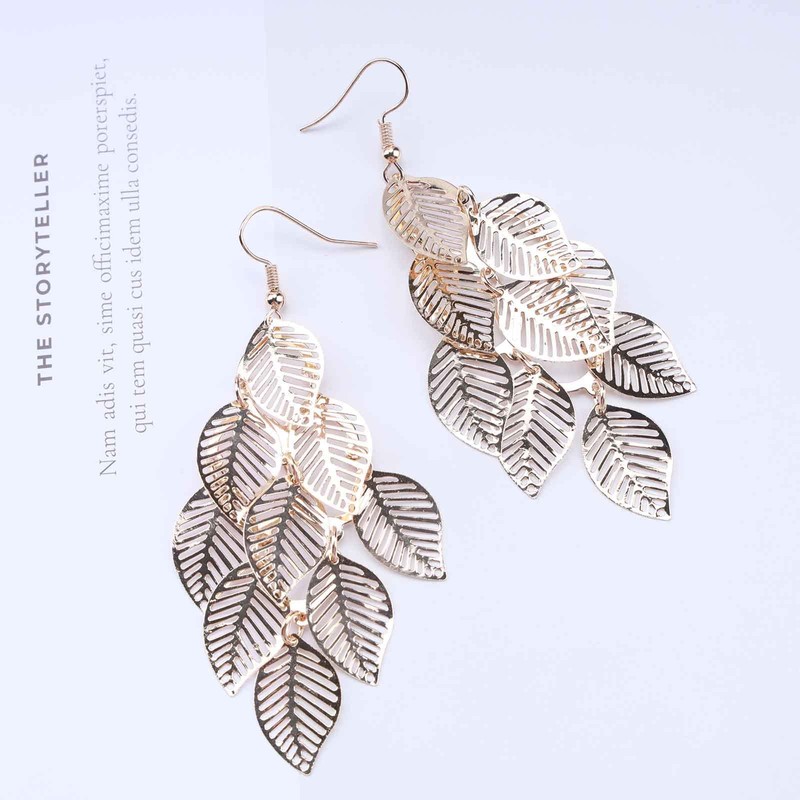 Cimenexe Bohemian Stacking Hollow Leaf Dangle Earrings Gold Leaf Drop