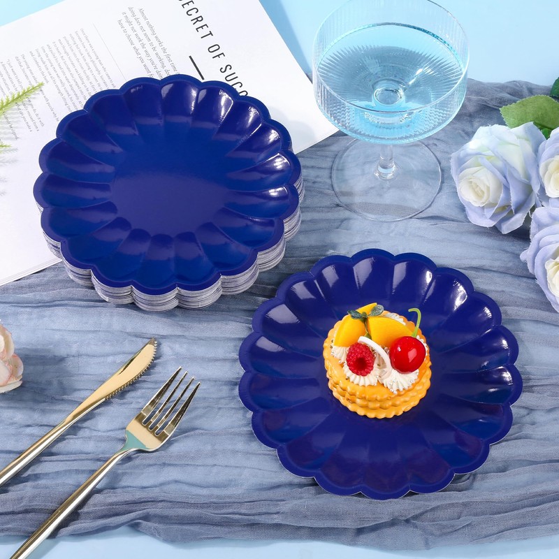 AllReal 48 Pcs Navy Blue Scalloped Disposable Party Paper Plates