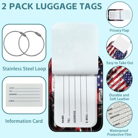 iapodiad 2 Pack Cute Luggage Tag for Suitcases American Flag Leather Luggage Tags with Stainless Steel Loop Privacy Flap Name Tags,Men and Women Travel Bag Suitcase Tags