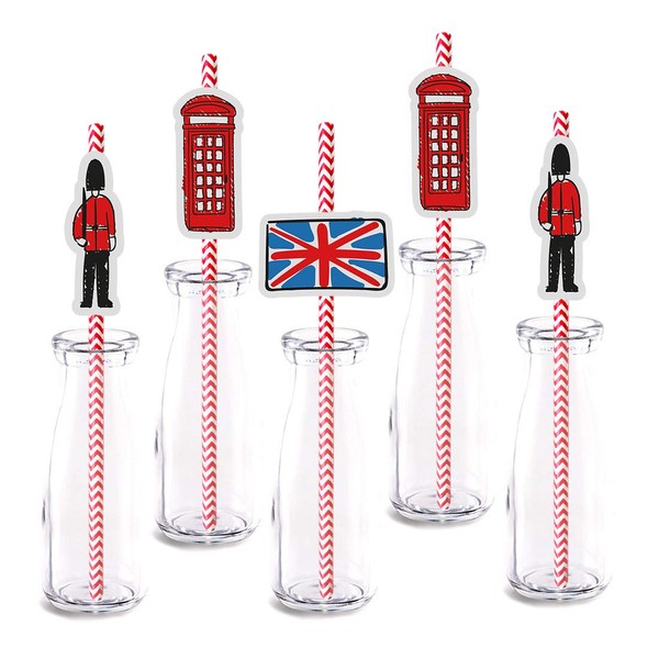 London Themed Party Straw Decor, 24-Pack Baby Shower Or Birthday British UK Party Supply Decorations, Paper Decorative Straws