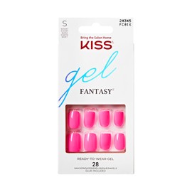 KISS Gel Fantasy 28 Pcs Press On Nails, Short Squoval Fake Nails, Neon Hot Pink Ready to Wear Gel Stick On Extensions, Reusable Full Cover Kit with Glue, Manicure Stick & File, Wear for 7 Days