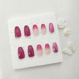 Short Press on Nails Coffin Fake Nails with Glitter Sequins Designs Glossy Glue on Nails Ombre Nails Press ons Purple Acrylic Nails Artificial False Nails Natural Stick on Nails for Women 24Pcs